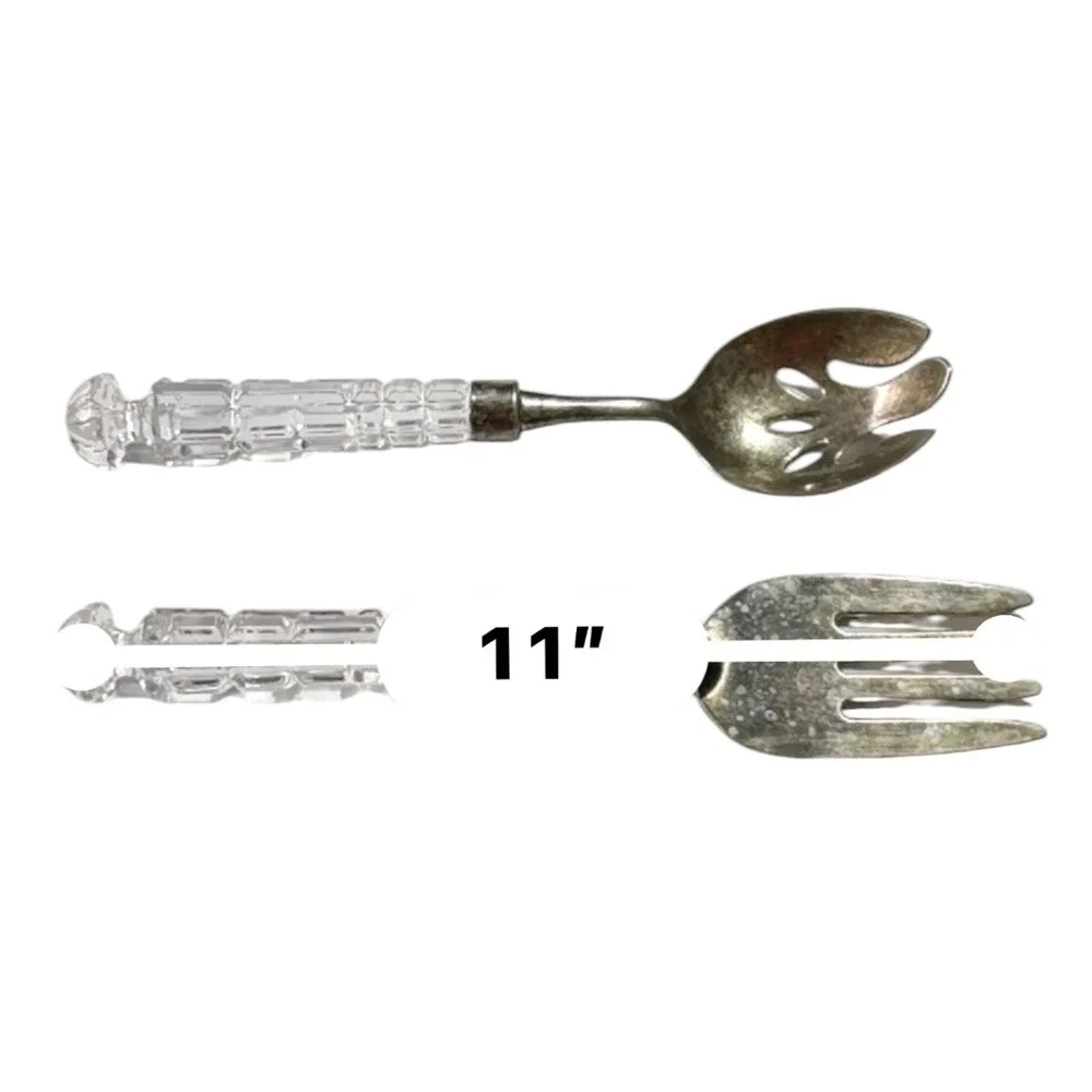 Vintage Salad Serving Set Faceted Glass Handles Silver Tone Fork Spoon 2 Piece